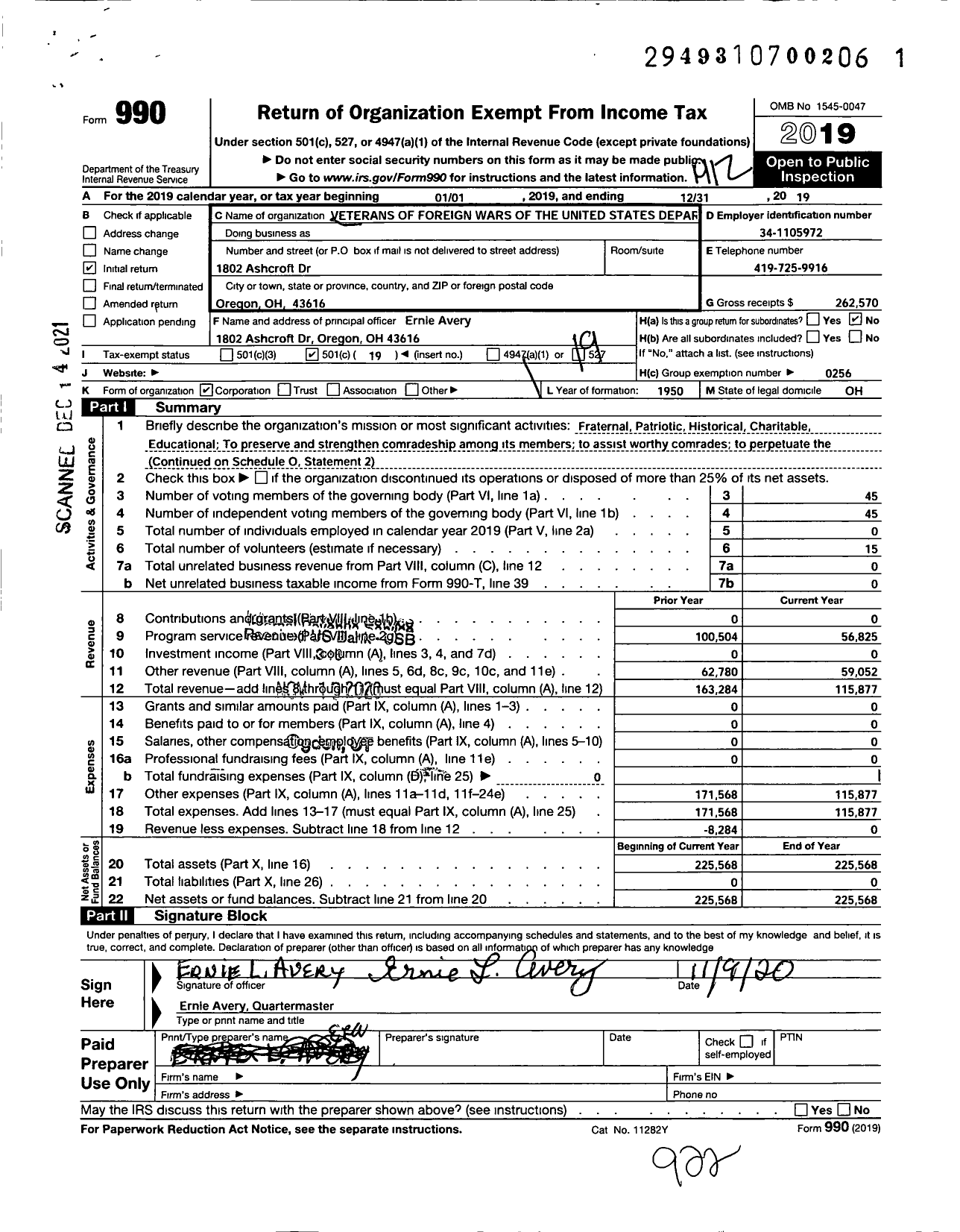 Image of first page of 2019 Form 990O for Ohio VFW - Veterans of Foreign Wars of the United States Department of Ohio