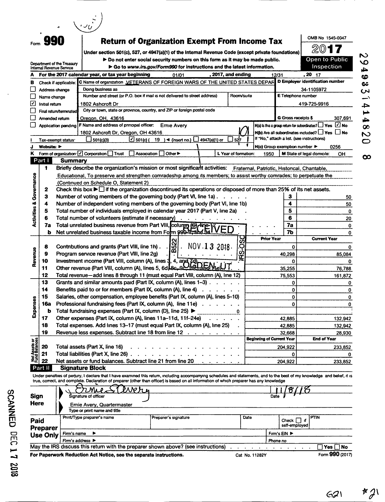 Image of first page of 2017 Form 990O for Ohio VFW - Veterans of Foreign Wars of the United States Department of Ohio