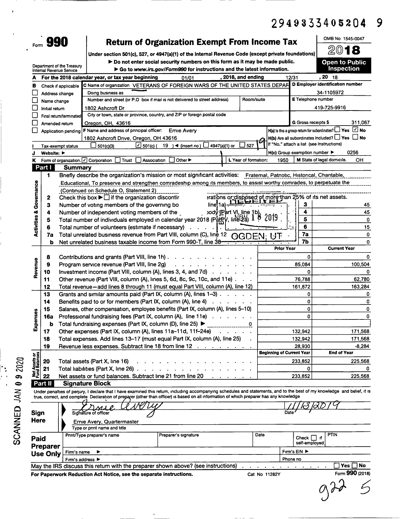 Image of first page of 2018 Form 990O for Ohio VFW - Veterans of Foreign Wars of the United States Department of Ohio