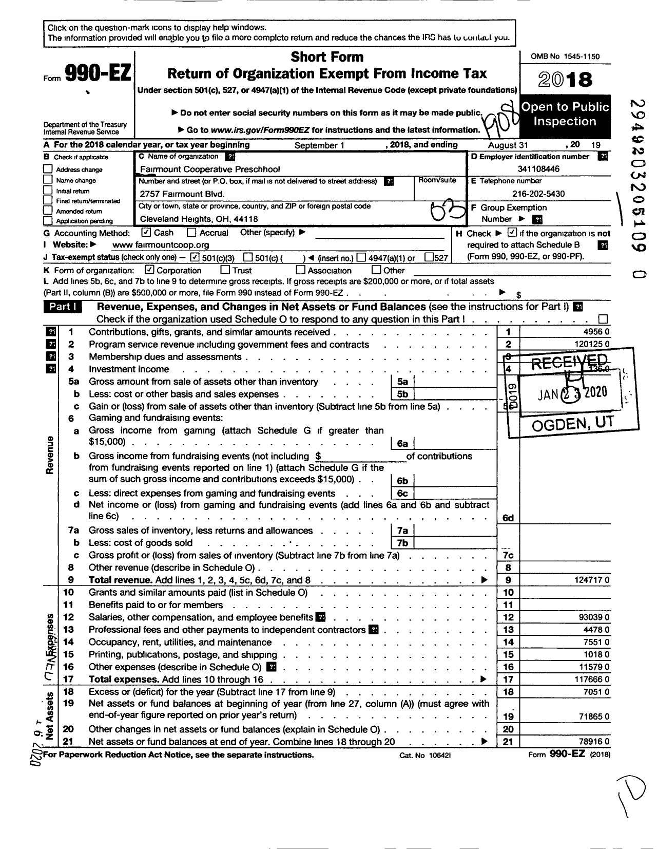 Image of first page of 2018 Form 990EZ for Fairmount Church Cooperative Nursery