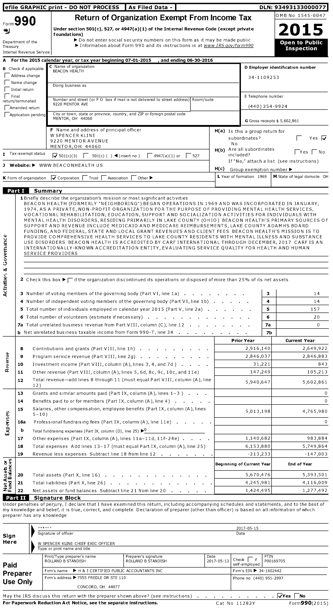 Image of first page of 2015 Form 990 for Beacon Health