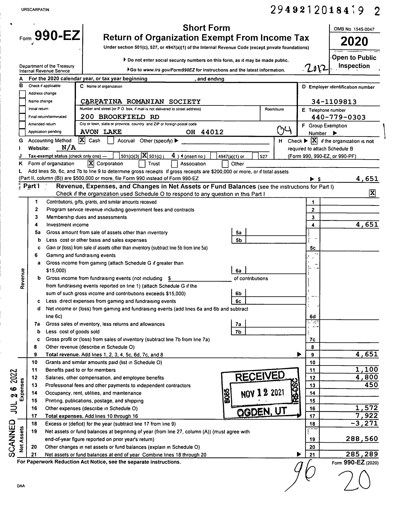 Image of first page of 2020 Form 990EO for Carpatina Romanian Society