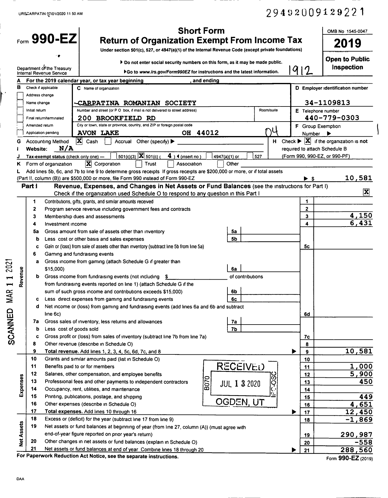 Image of first page of 2019 Form 990EO for Carpatina Romanian Society