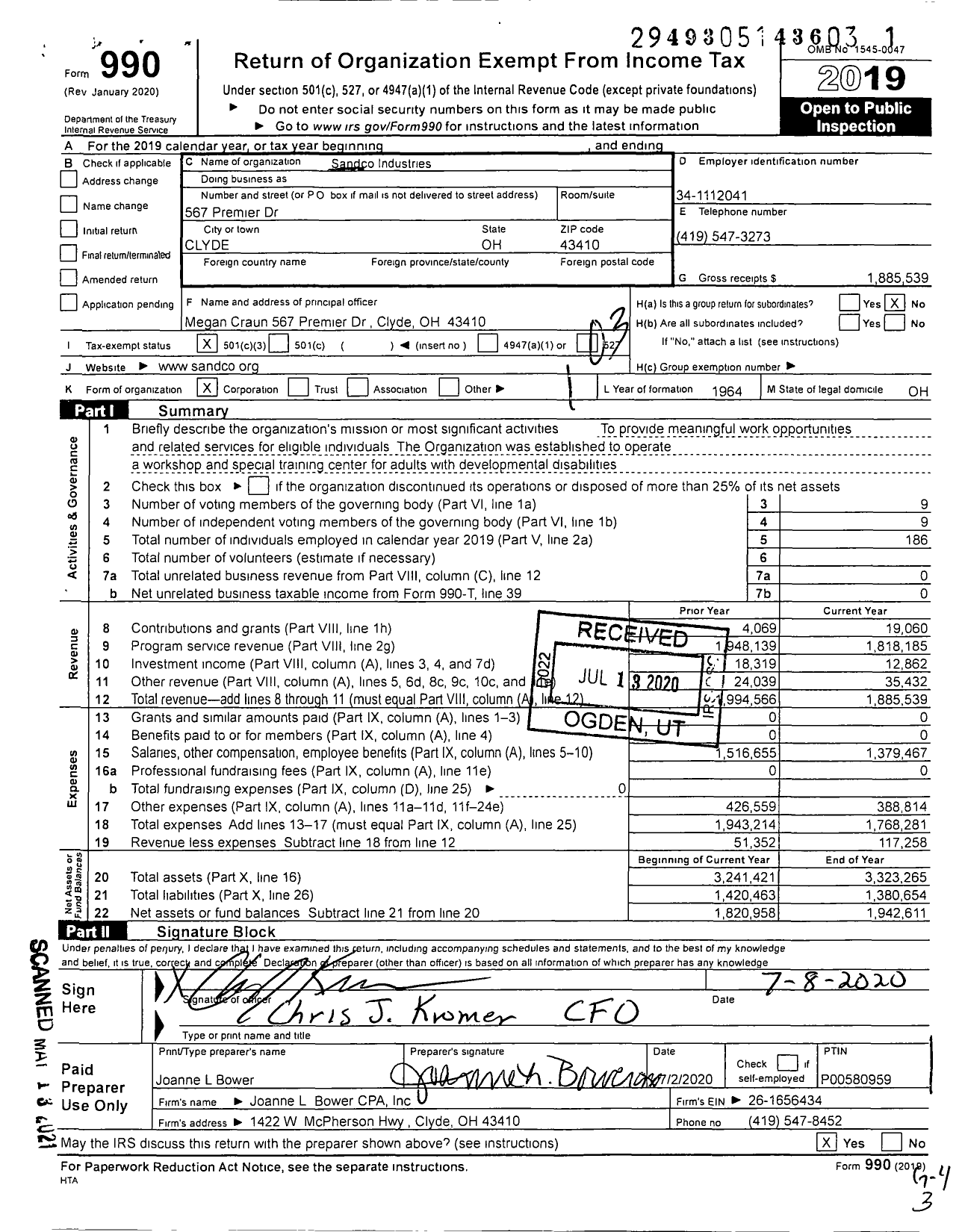 Image of first page of 2019 Form 990 for Sandco Industries