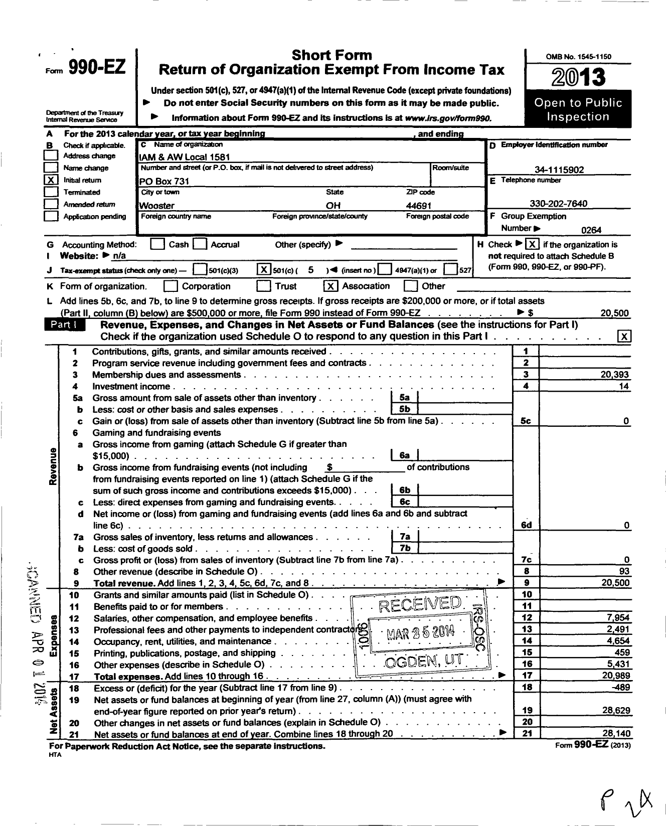 Image of first page of 2013 Form 990EO for International Association of Machinists and Aerospace Workers - 1581