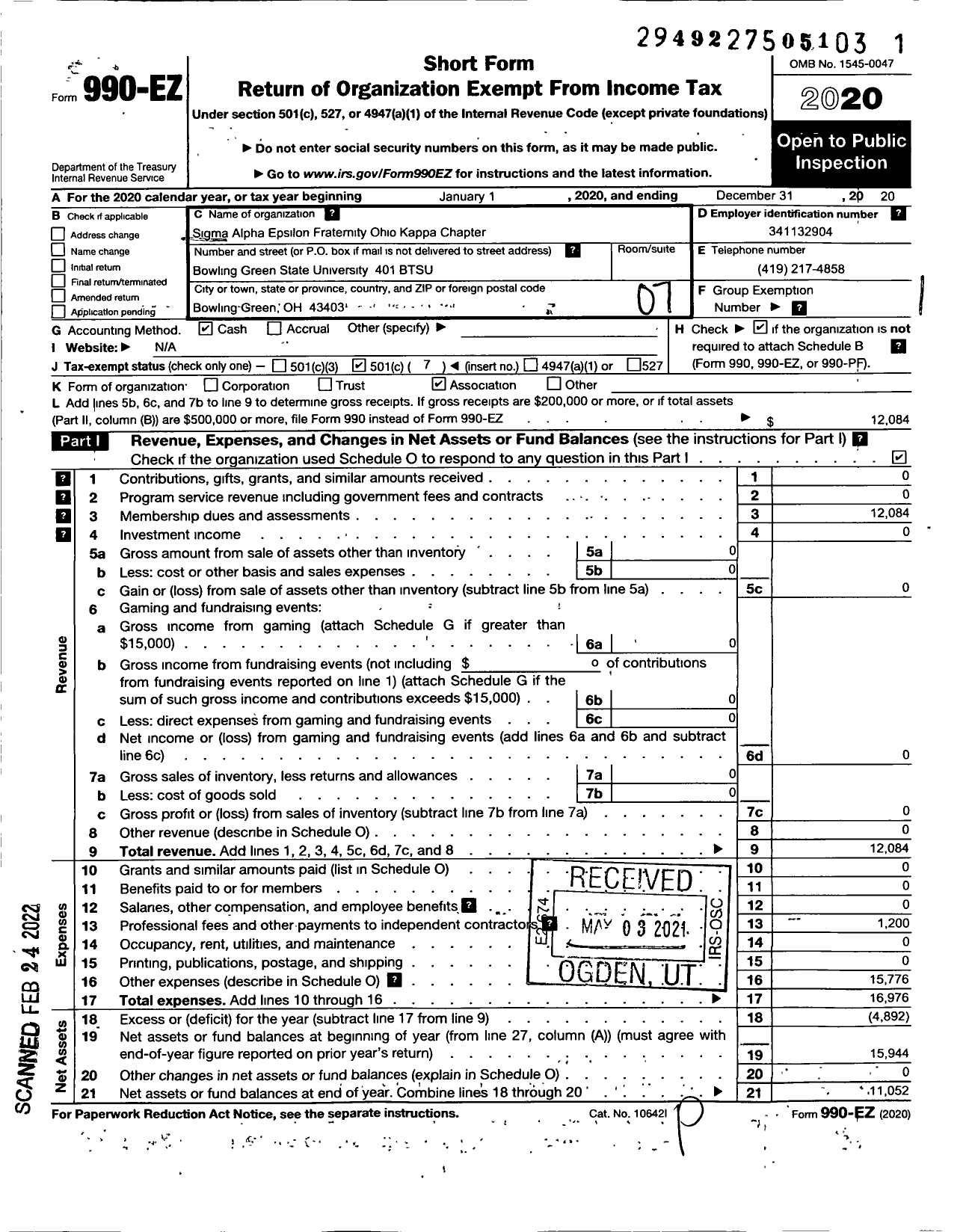 Image of first page of 2020 Form 990EO for Ohio Chapter of Sigma Alpha Epsilon Fraternity