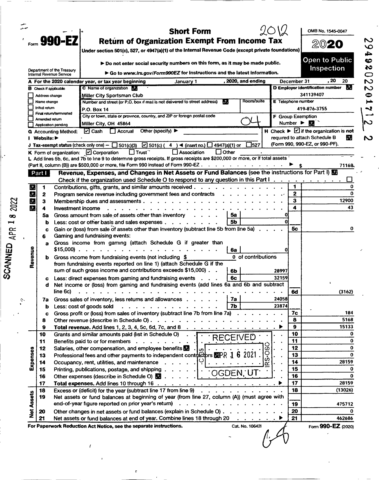 Image of first page of 2020 Form 990EO for Miller City Sportsman Club