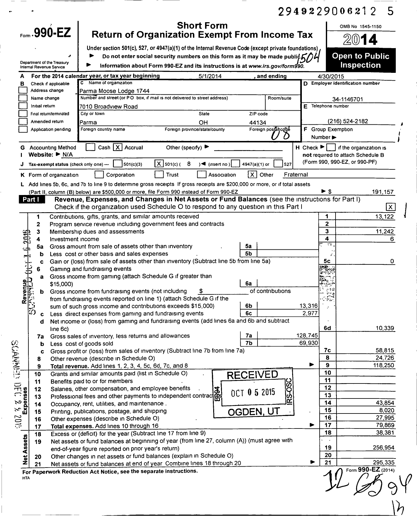 Image of first page of 2014 Form 990EO for Parma Lodge 1744 Loyal Order Of Moose