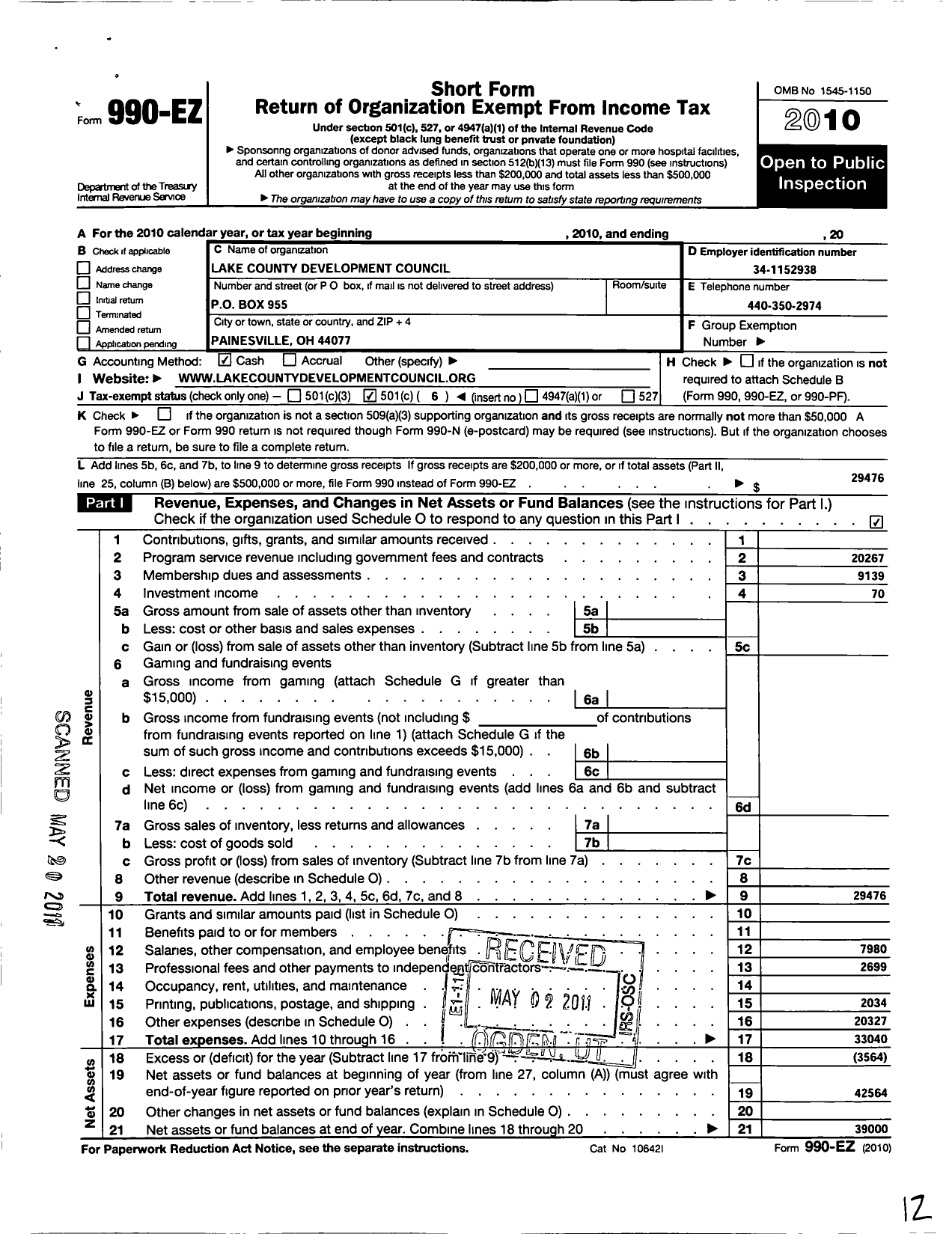 Image of first page of 2010 Form 990EO for Lake County Development Council