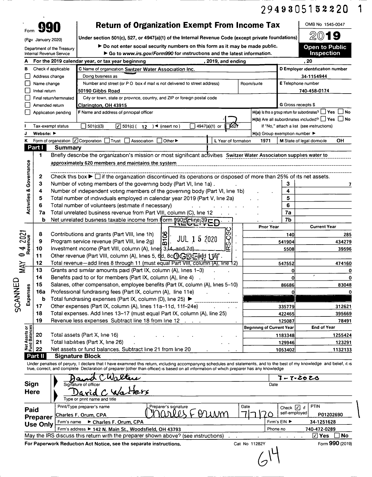 Image of first page of 2019 Form 990O for Switzer Water Association