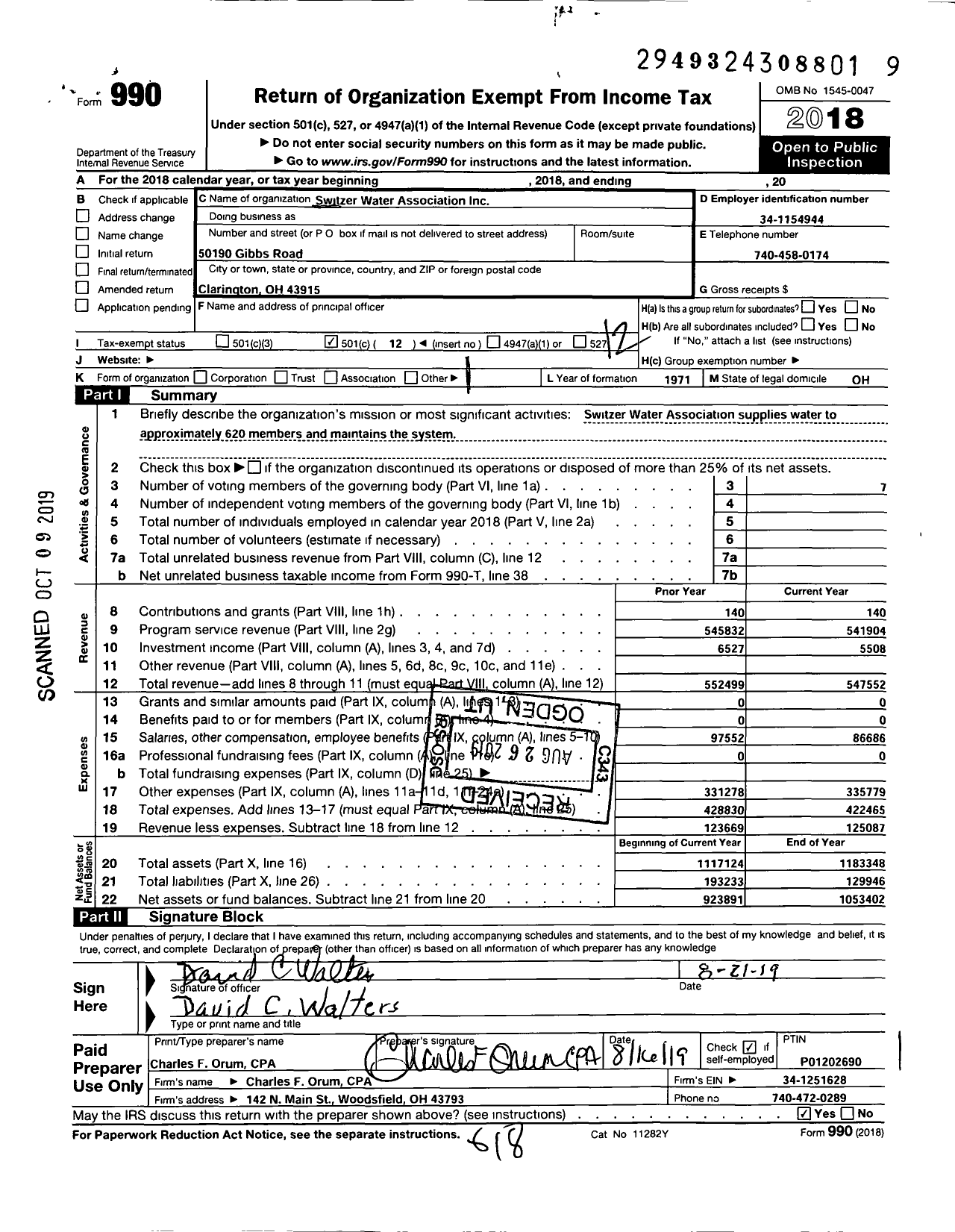 Image of first page of 2018 Form 990O for Switzer Water Association