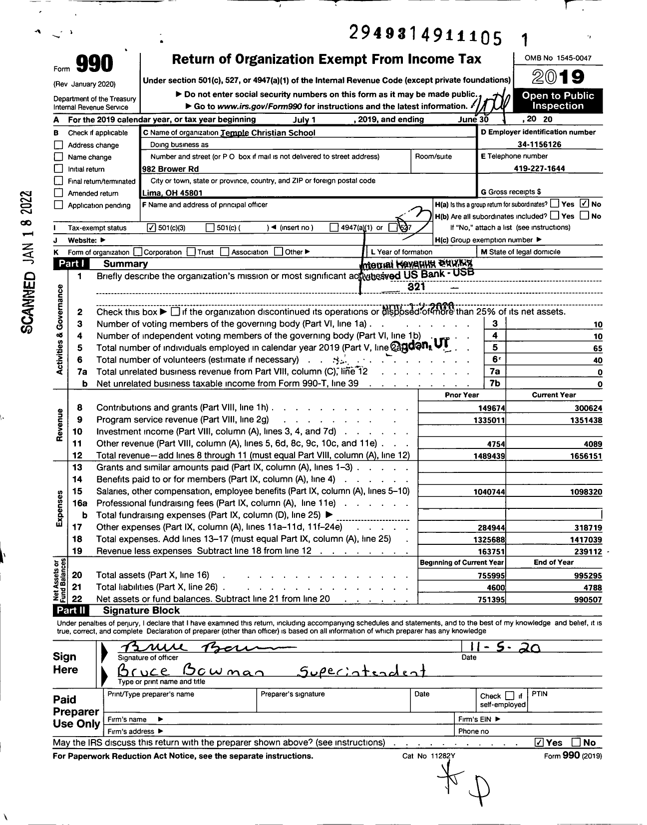 Image of first page of 2019 Form 990 for Temple Christian School