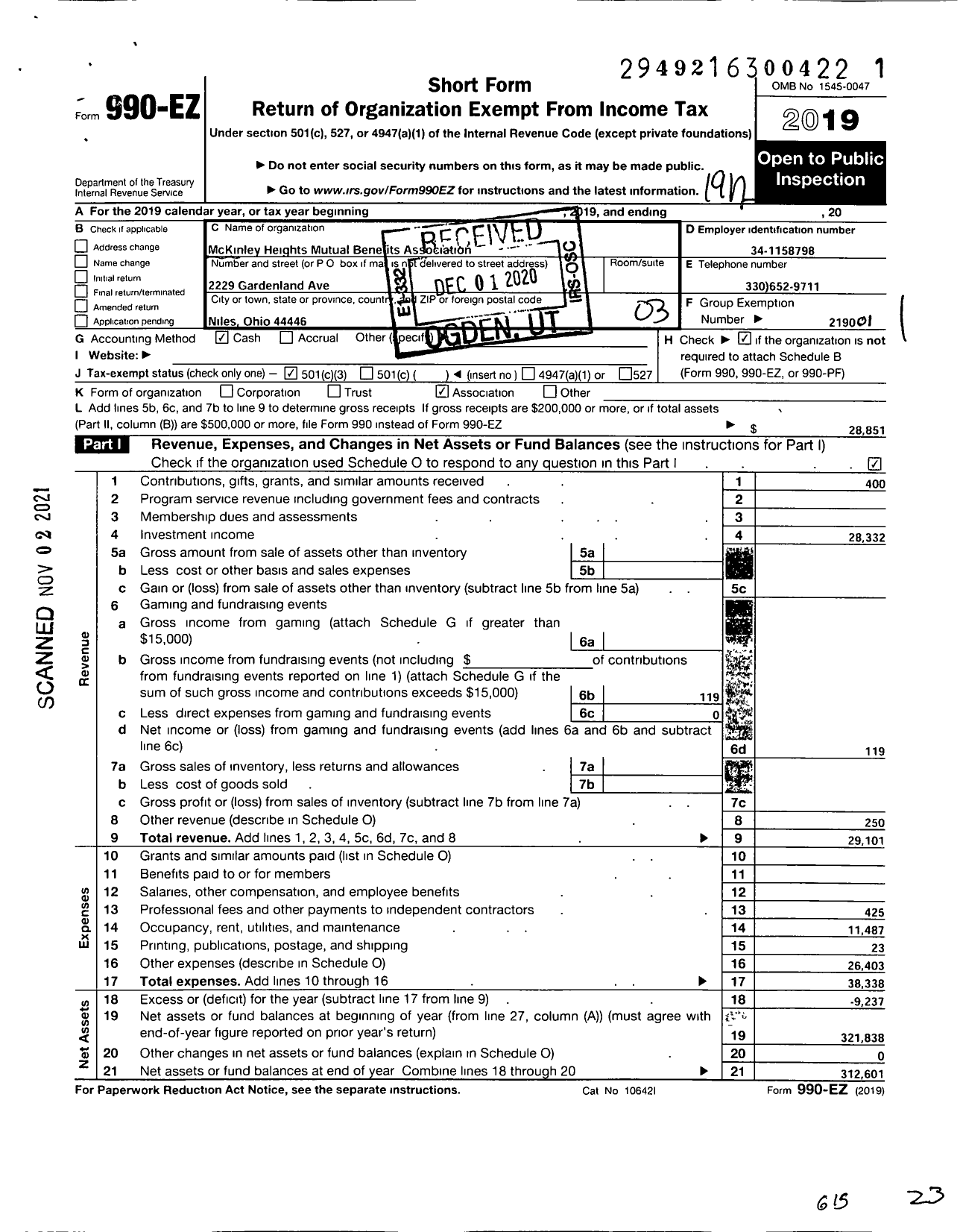 Image of first page of 2019 Form 990EZ for Mckinley Heights Mutual Benefits Association