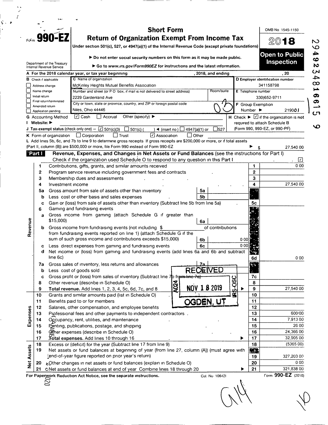 Image of first page of 2018 Form 990EZ for Mckinley Heights Mutual Benefits Association