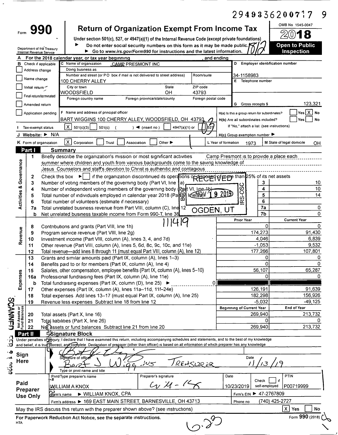 Image of first page of 2018 Form 990 for Camp Presmont