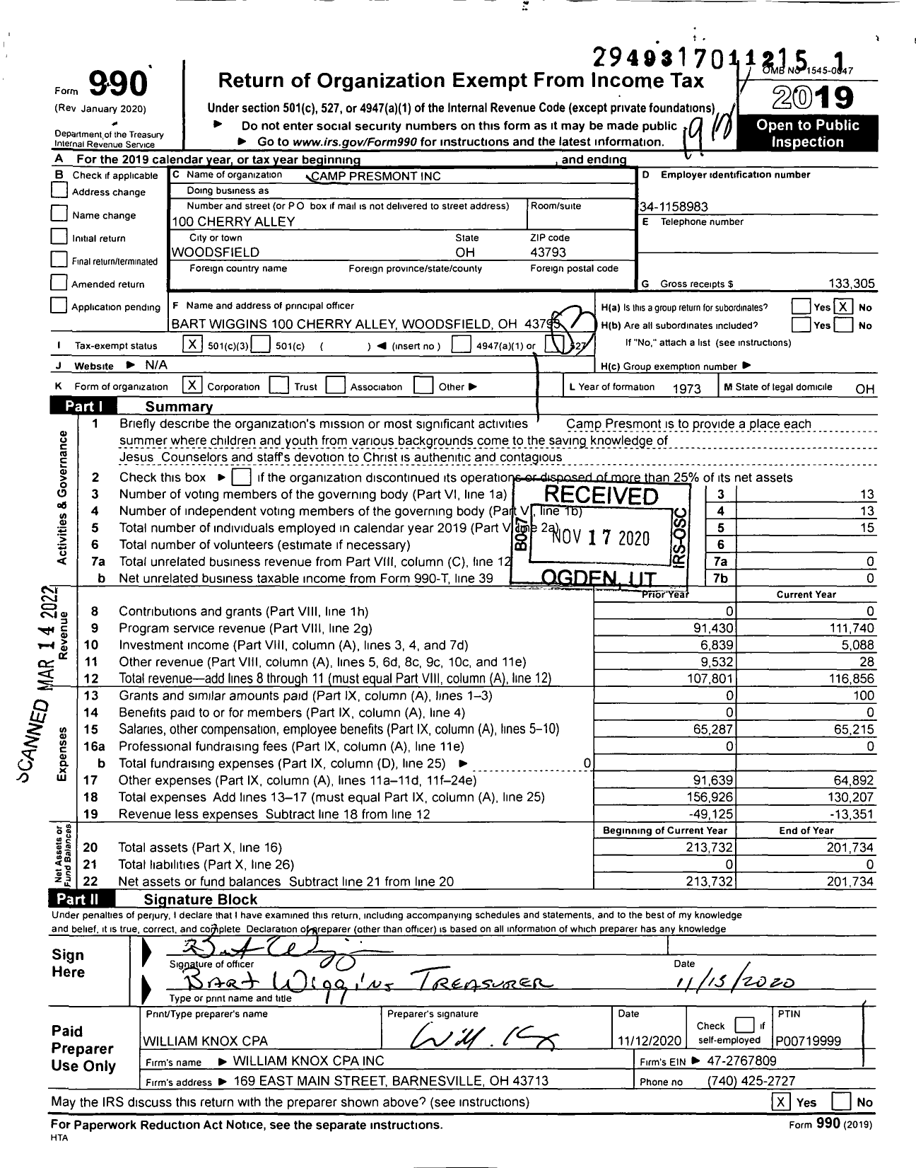 Image of first page of 2019 Form 990 for Camp Presmont