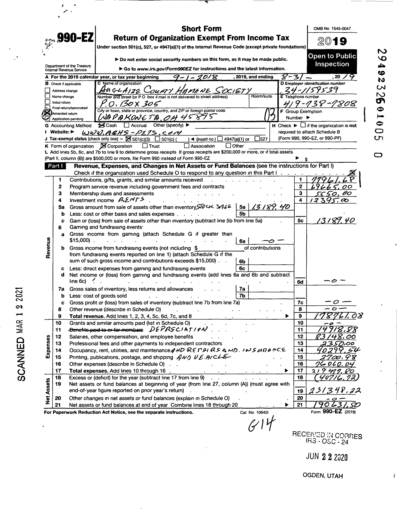 Image of first page of 2018 Form 990EZ for Auglaize County Humane Society