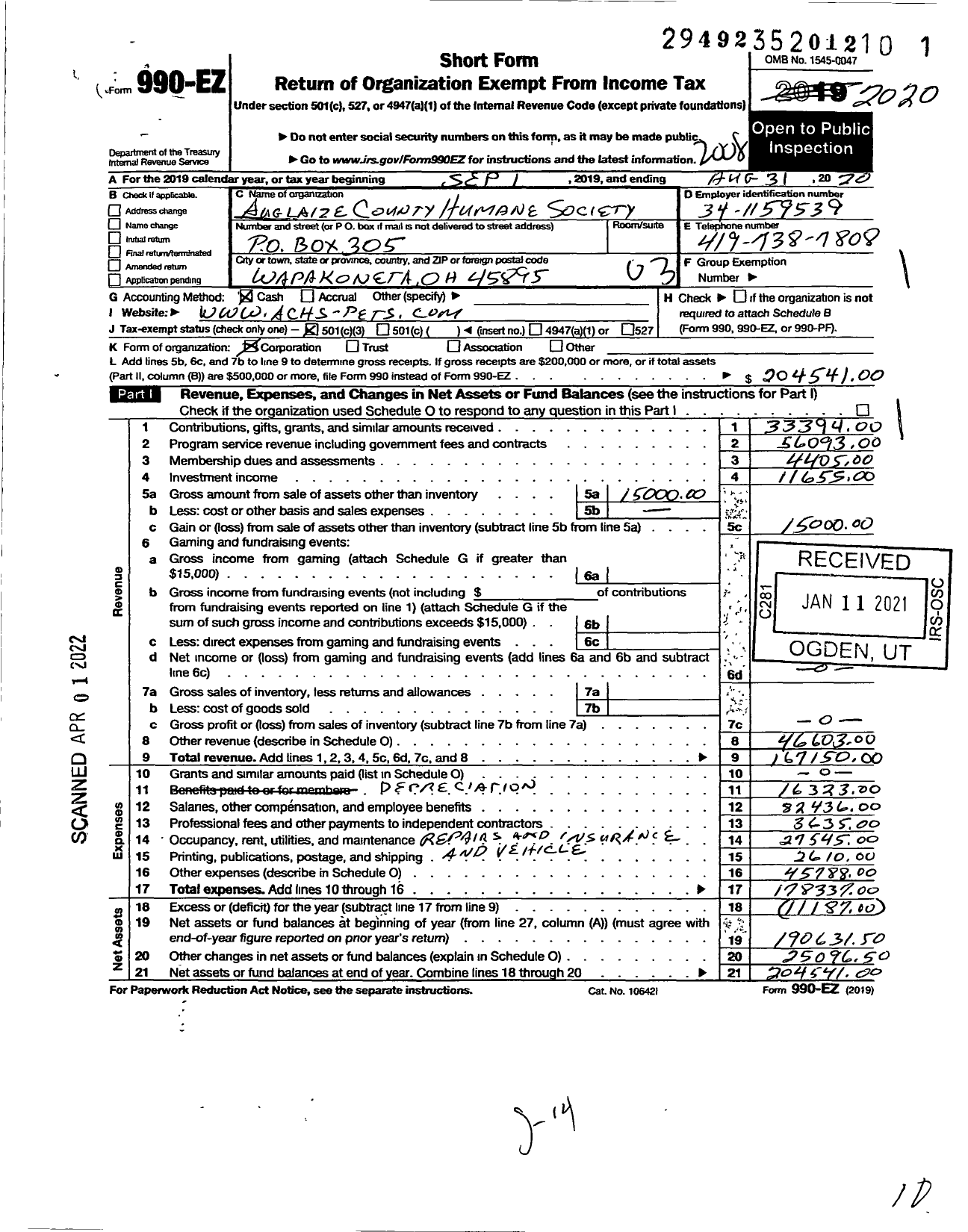 Image of first page of 2019 Form 990EZ for Auglaize County Humane Society