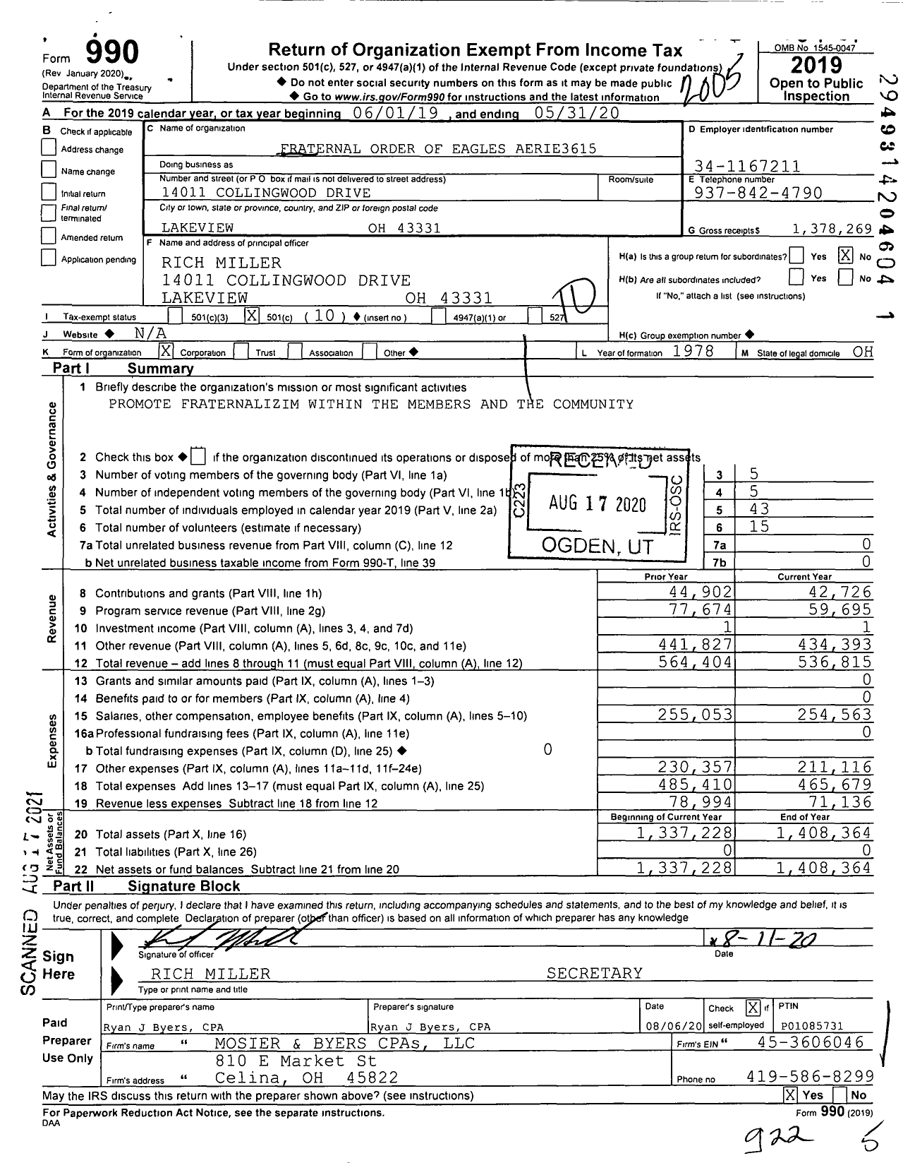 Image of first page of 2019 Form 990O for Fraternal Order of Eagles - 3615 Aerie