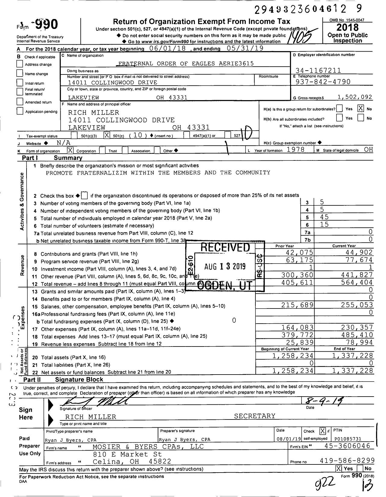 Image of first page of 2018 Form 990O for Fraternal Order of Eagles - 3615 Aerie