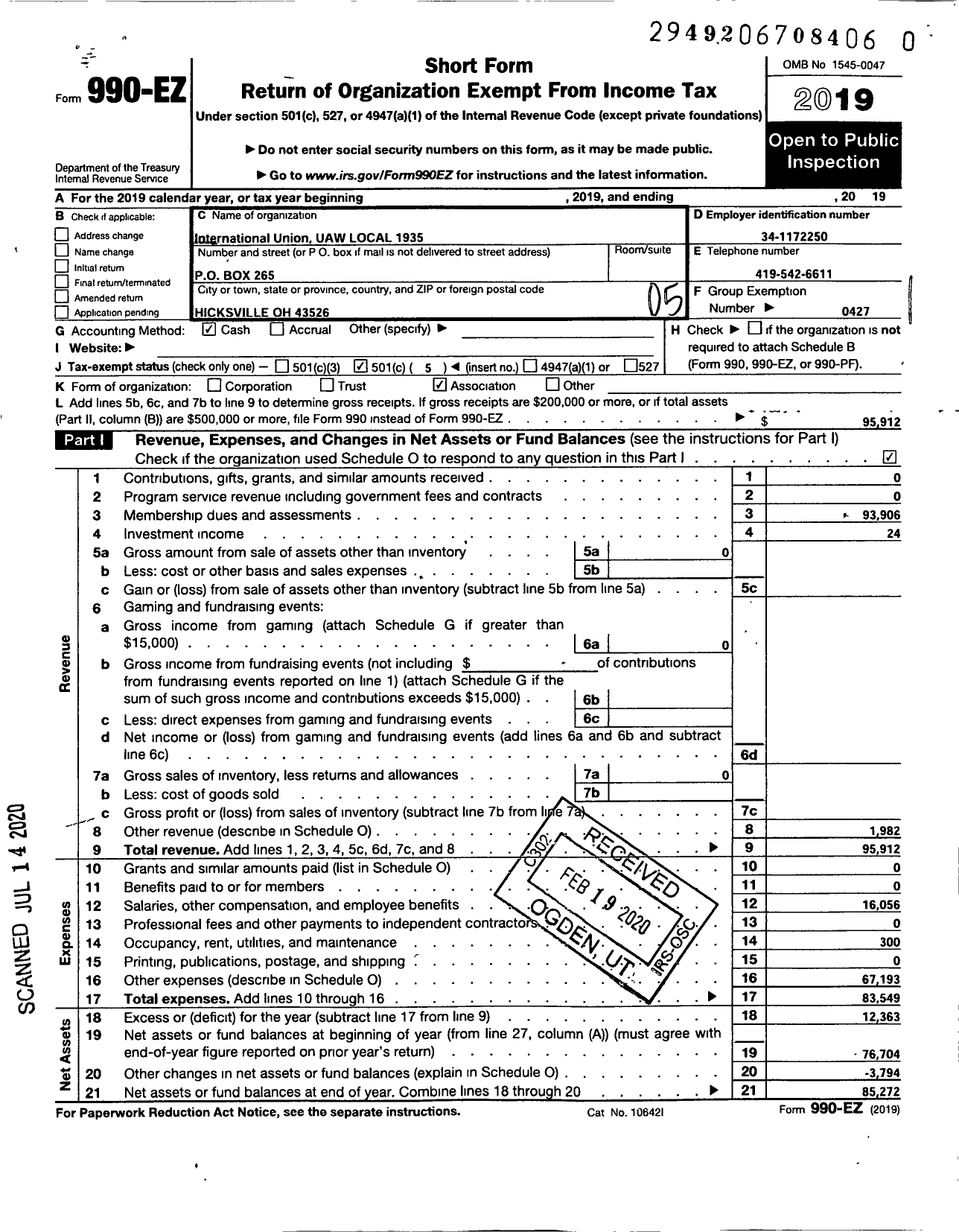 Image of first page of 2019 Form 990EO for Uaw - 1935 Local 2B Region