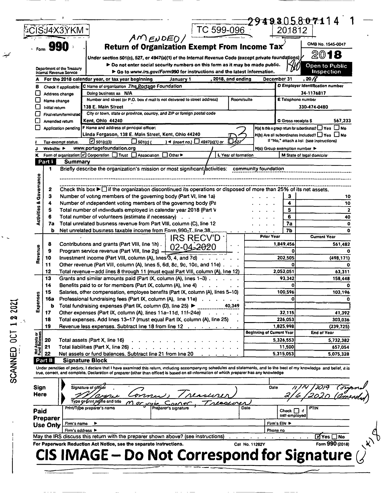 Image of first page of 2018 Form 990 for The Portage Foundation