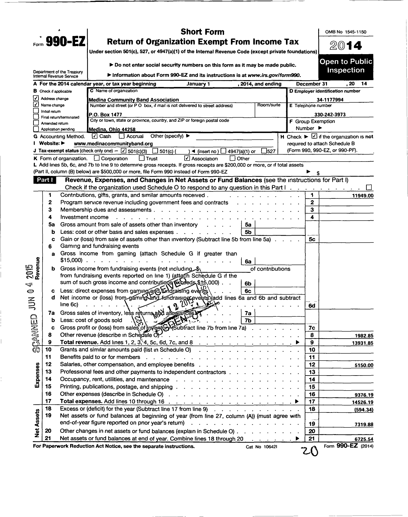 Image of first page of 2014 Form 990EZ for Medina Community Band Association