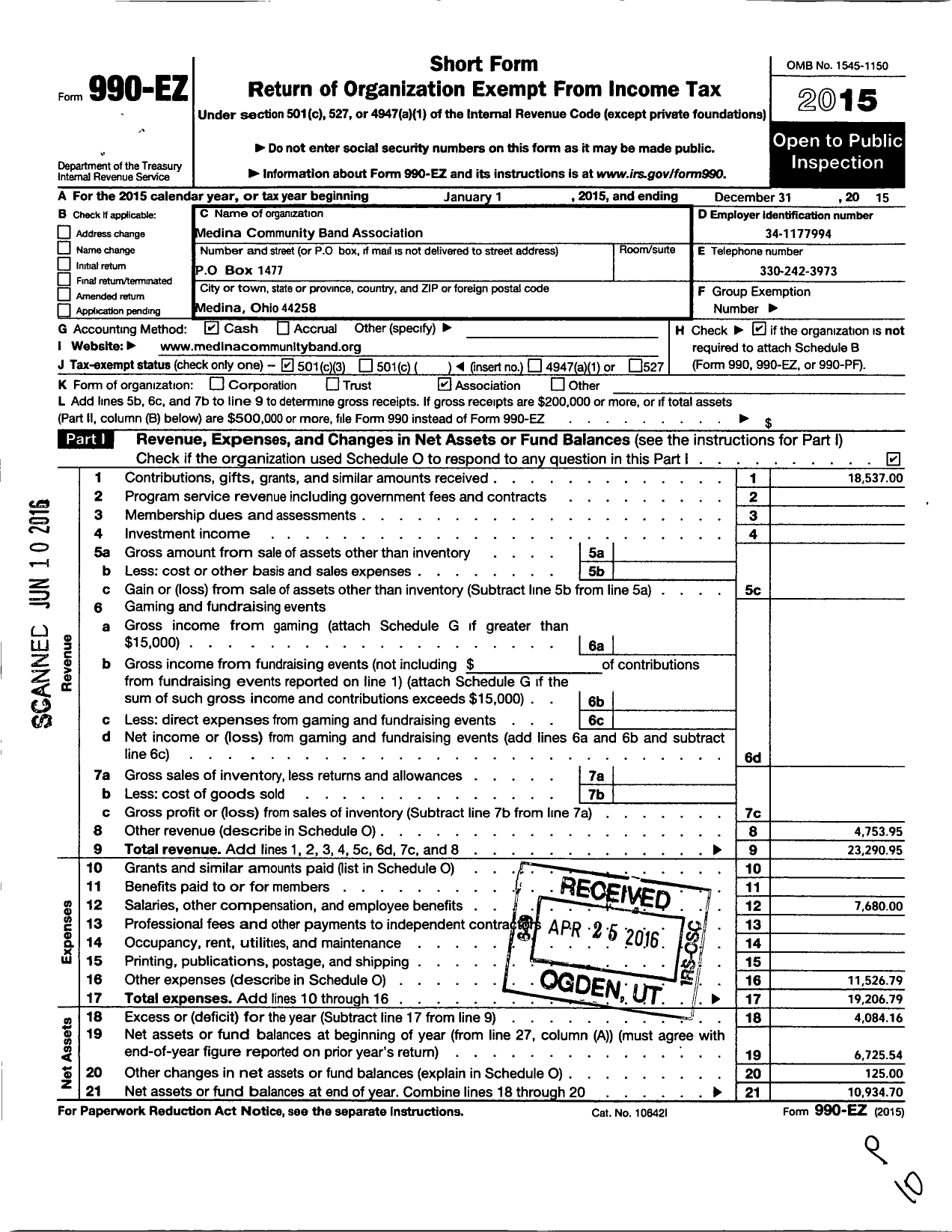 Image of first page of 2015 Form 990EZ for Medina Community Band Association