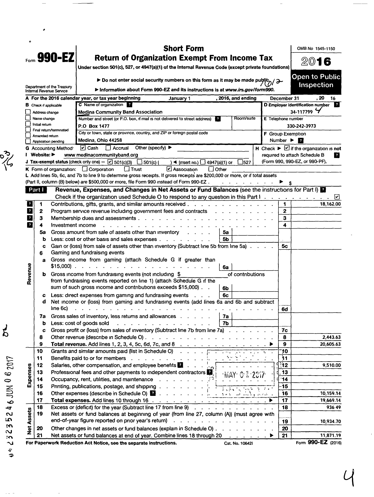 Image of first page of 2016 Form 990EZ for Medina Community Band Association