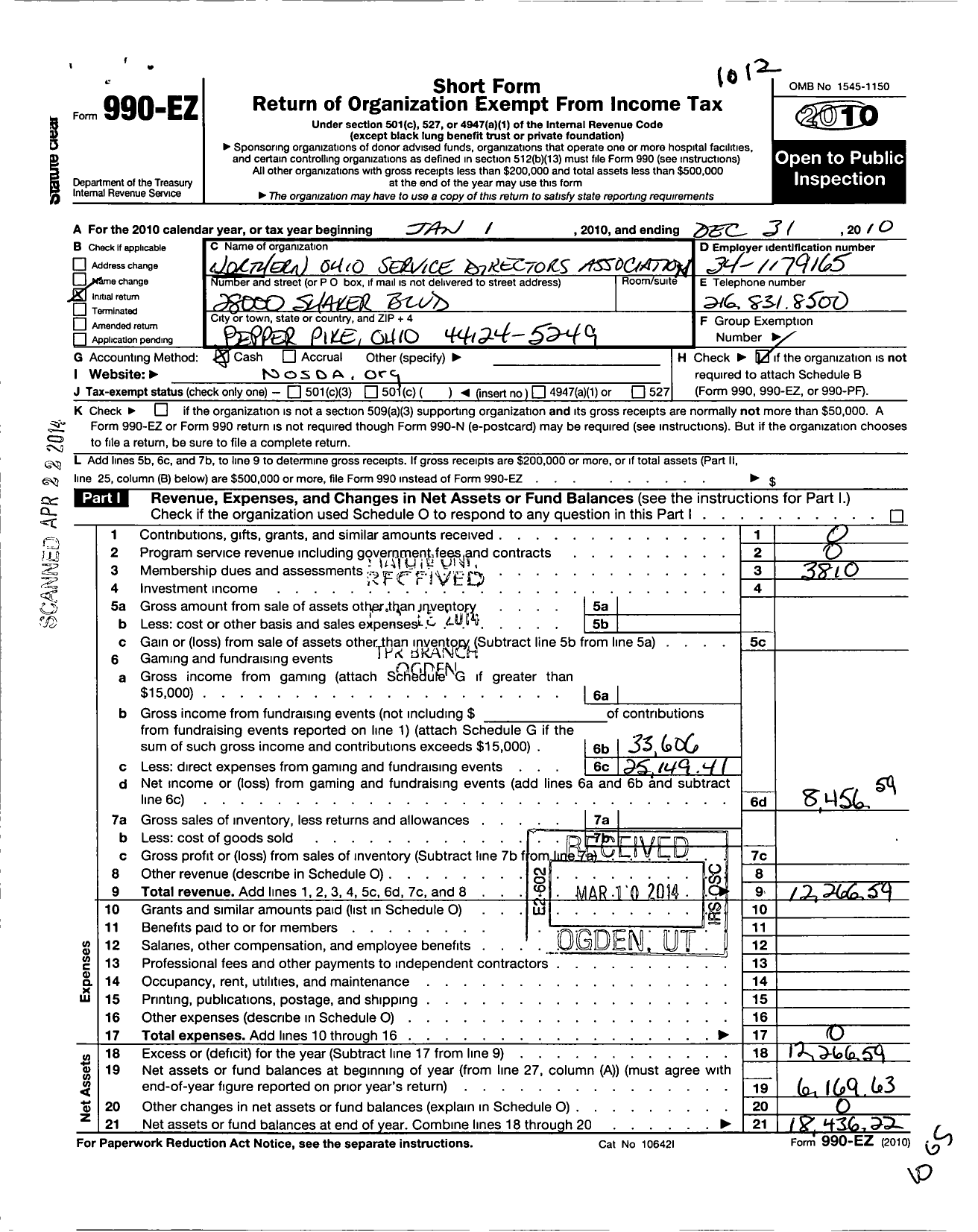 Image of first page of 2010 Form 990EO for Northern Ohio Sevice Directors Association