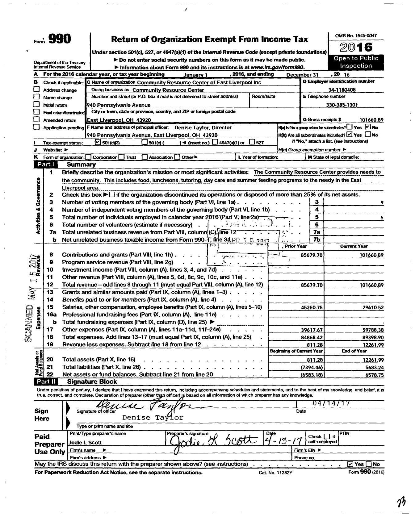 Image of first page of 2016 Form 990 for Community Resource Center of East Liverpool