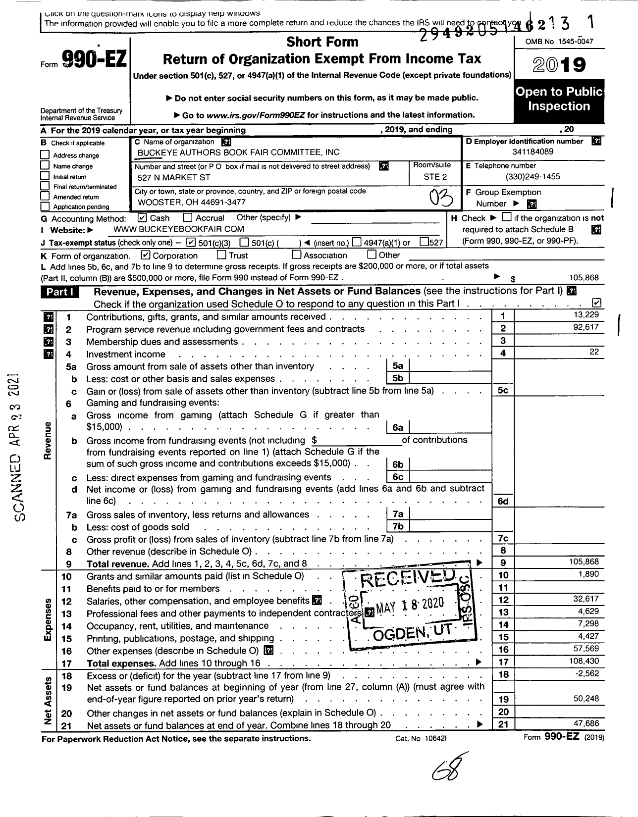 Image of first page of 2019 Form 990EZ for Buckeye Authors Book Fair Committee