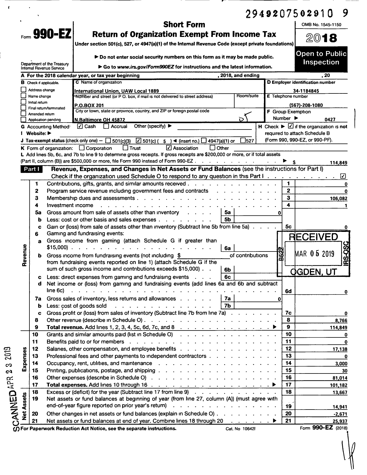 Image of first page of 2018 Form 990EO for UAW - Local Union 1889 UAW