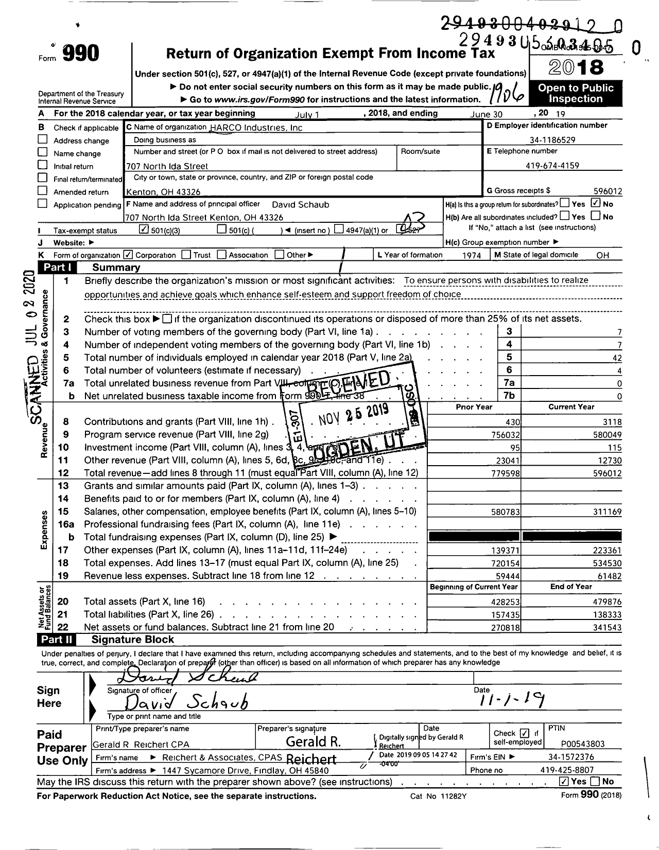 Image of first page of 2018 Form 990 for HARCO Industries LLC