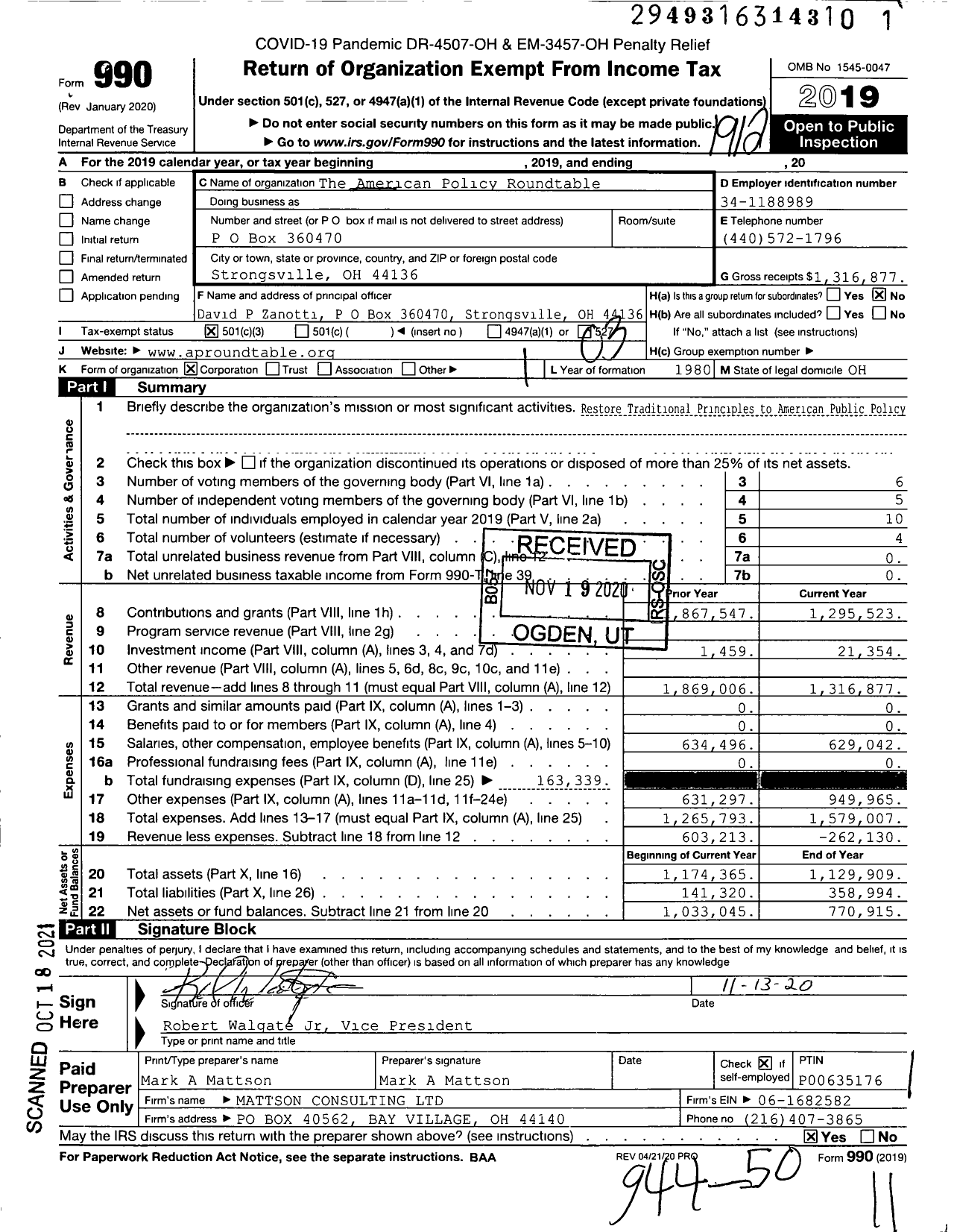 Image of first page of 2019 Form 990 for The American Policy Roundtable