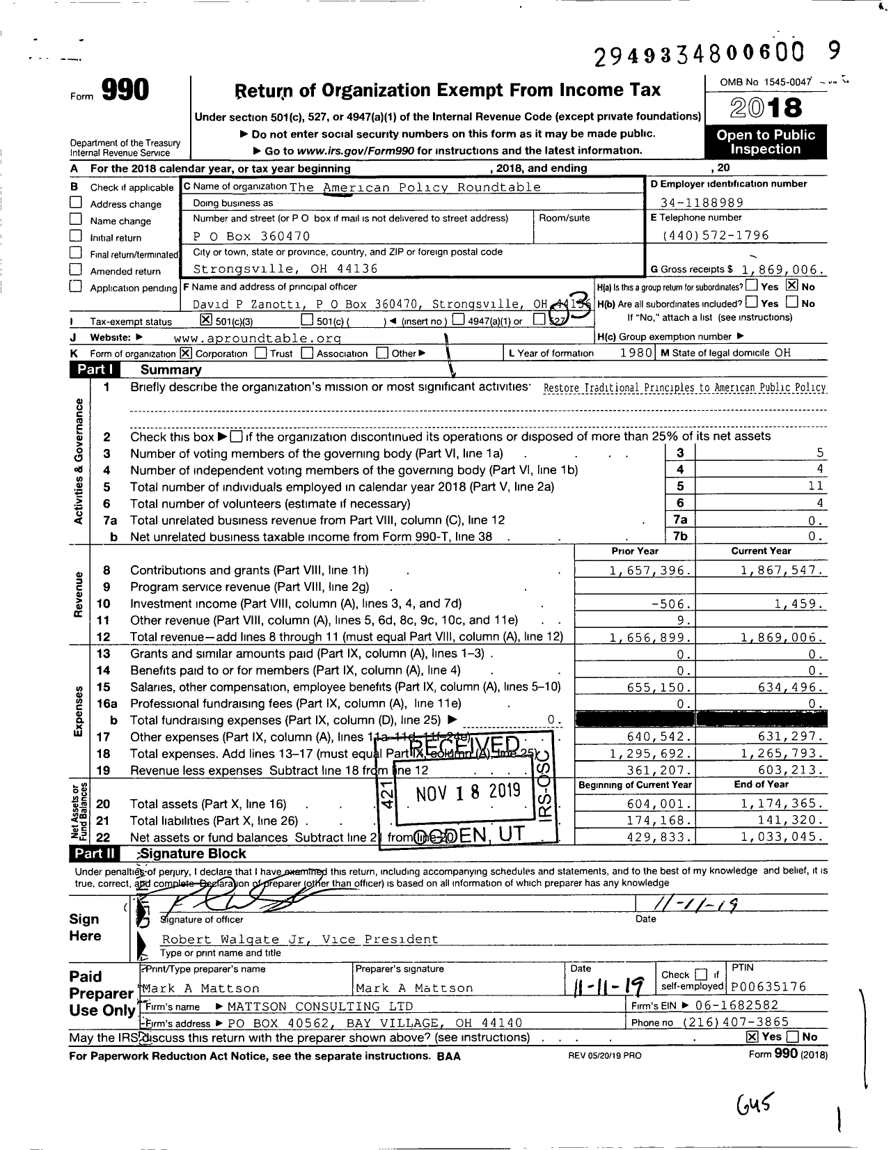 Image of first page of 2018 Form 990 for The American Policy Roundtable