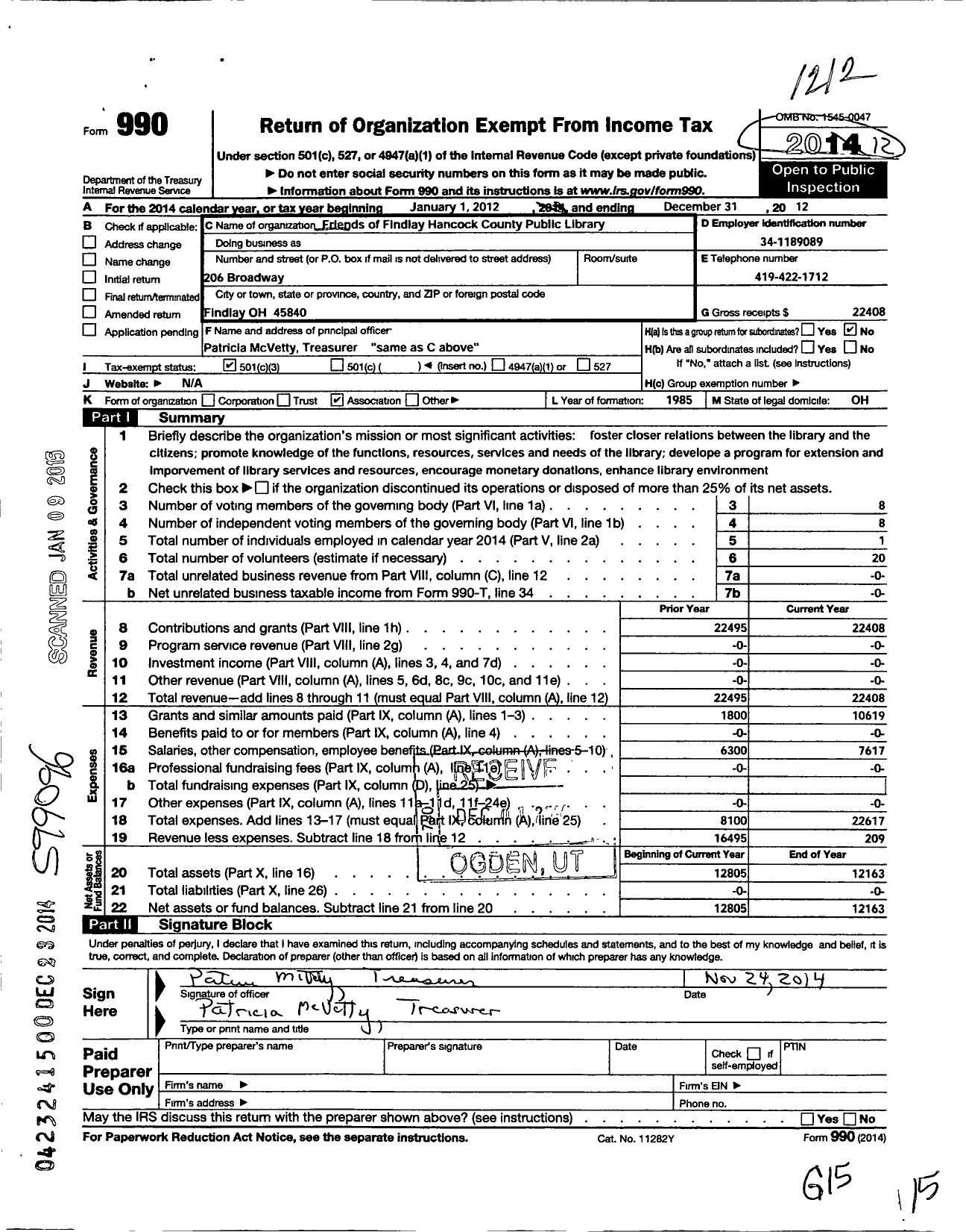 Image of first page of 2012 Form 990 for Friends of the Findlay Hancock County Public Library