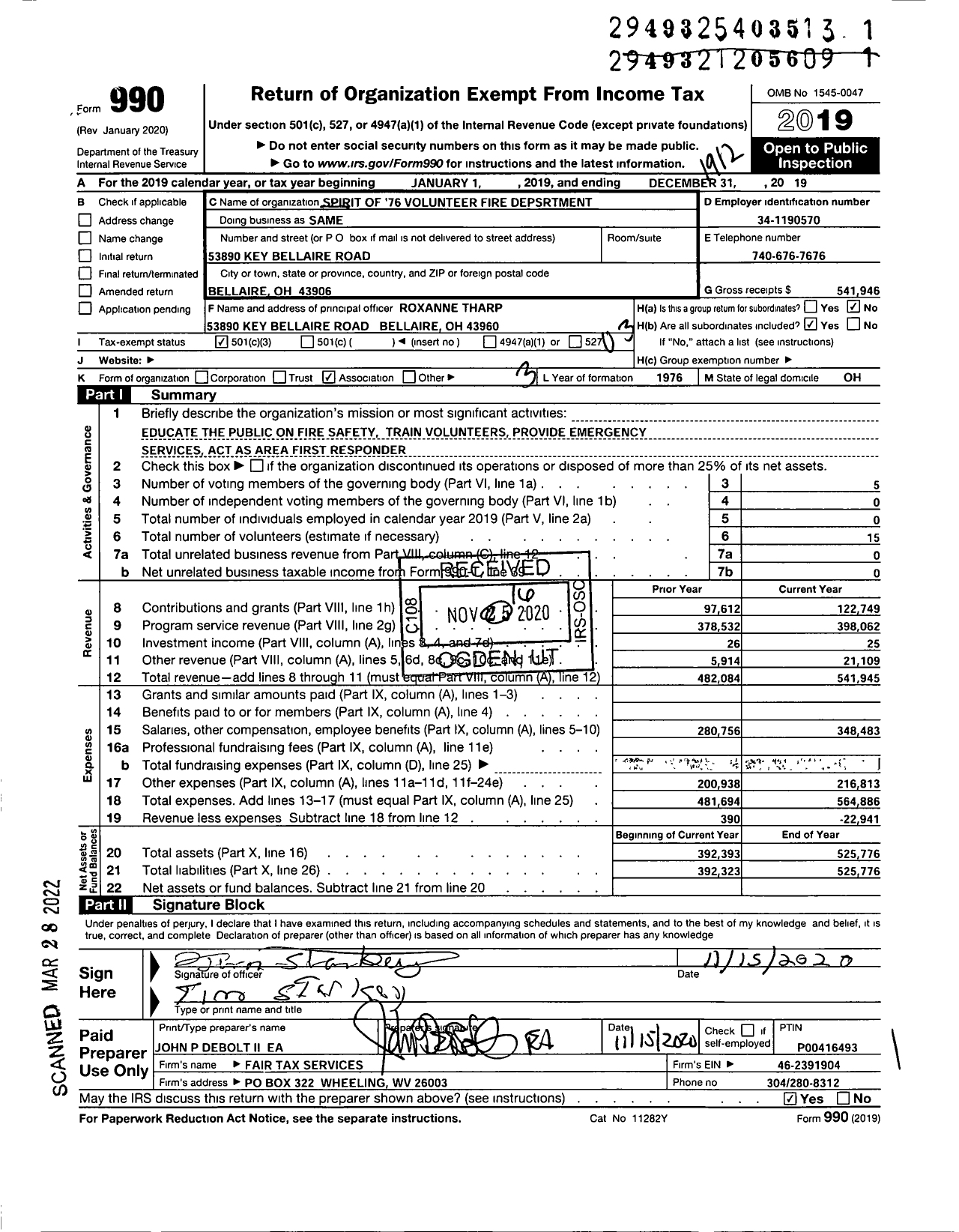 Image of first page of 2019 Form 990 for Spirit of '76 Volunter Fire Department Same