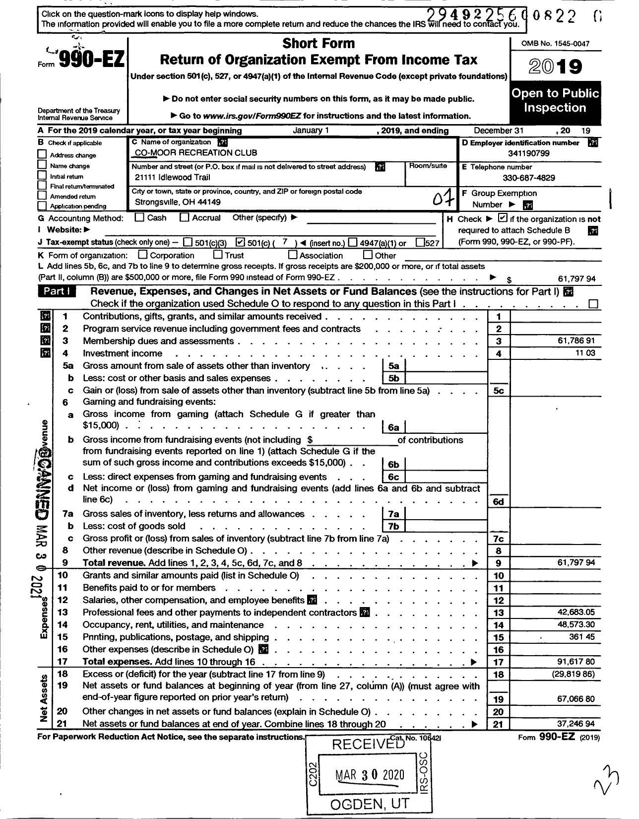 Image of first page of 2019 Form 990EO for Co Moor Recreation Club