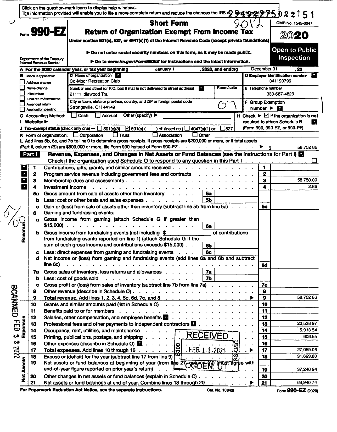 Image of first page of 2020 Form 990EO for Co Moor Recreation Club