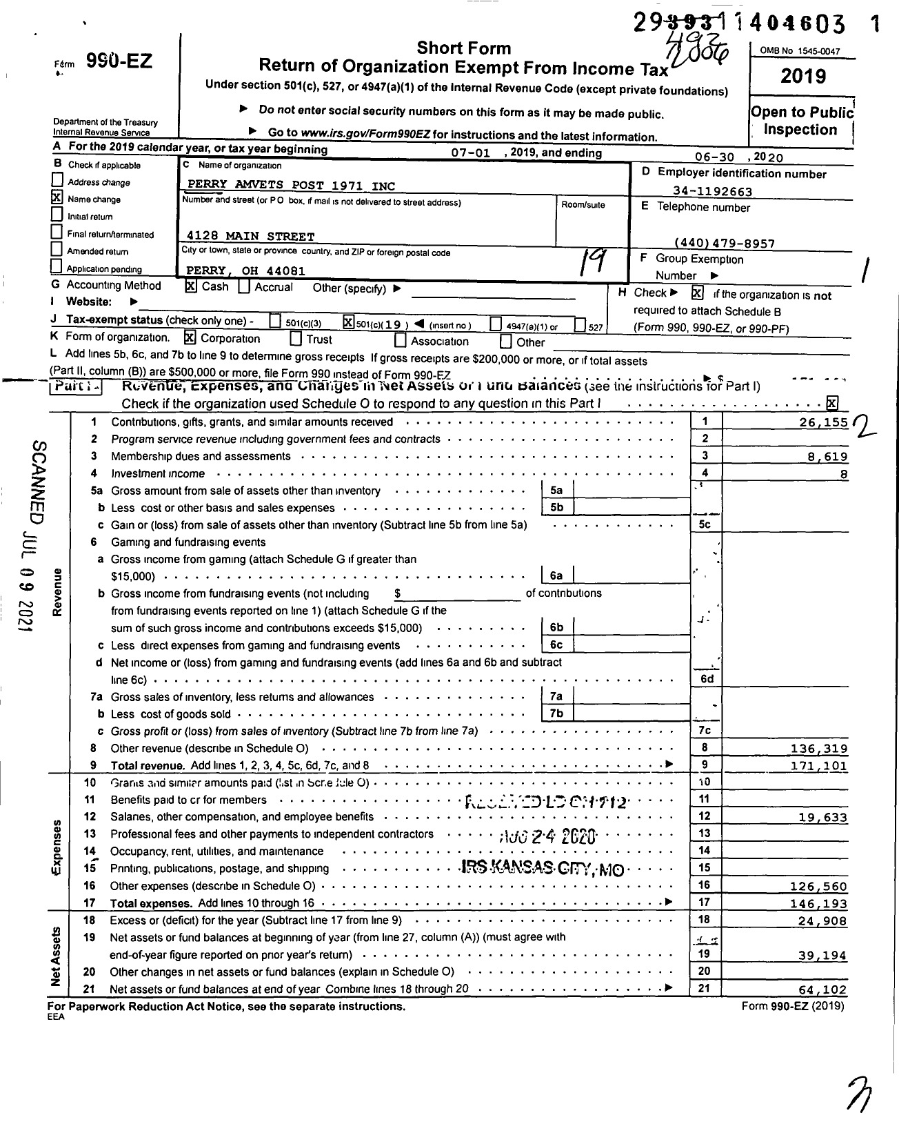 Image of first page of 2019 Form 990EO for Amvets - 1971-oh