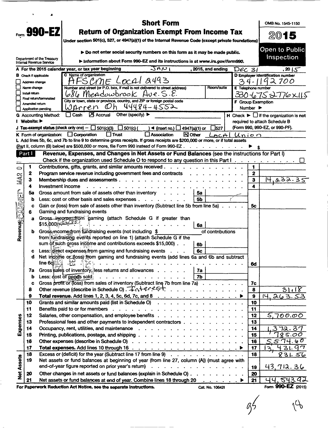 Image of first page of 2015 Form 990EO for American Federation of State County & Municipal Employees - L2493oh Trumbull Cnty Ohio Empls