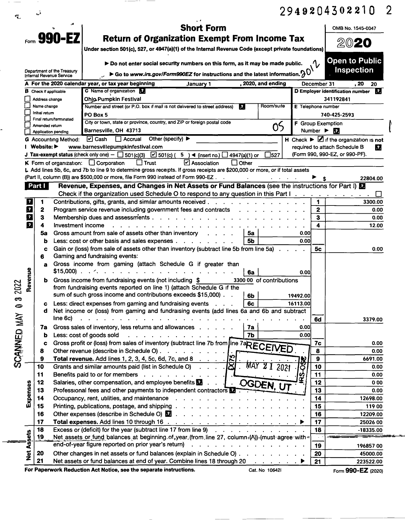 Image of first page of 2020 Form 990EO for Ohio Pumpkin Festival