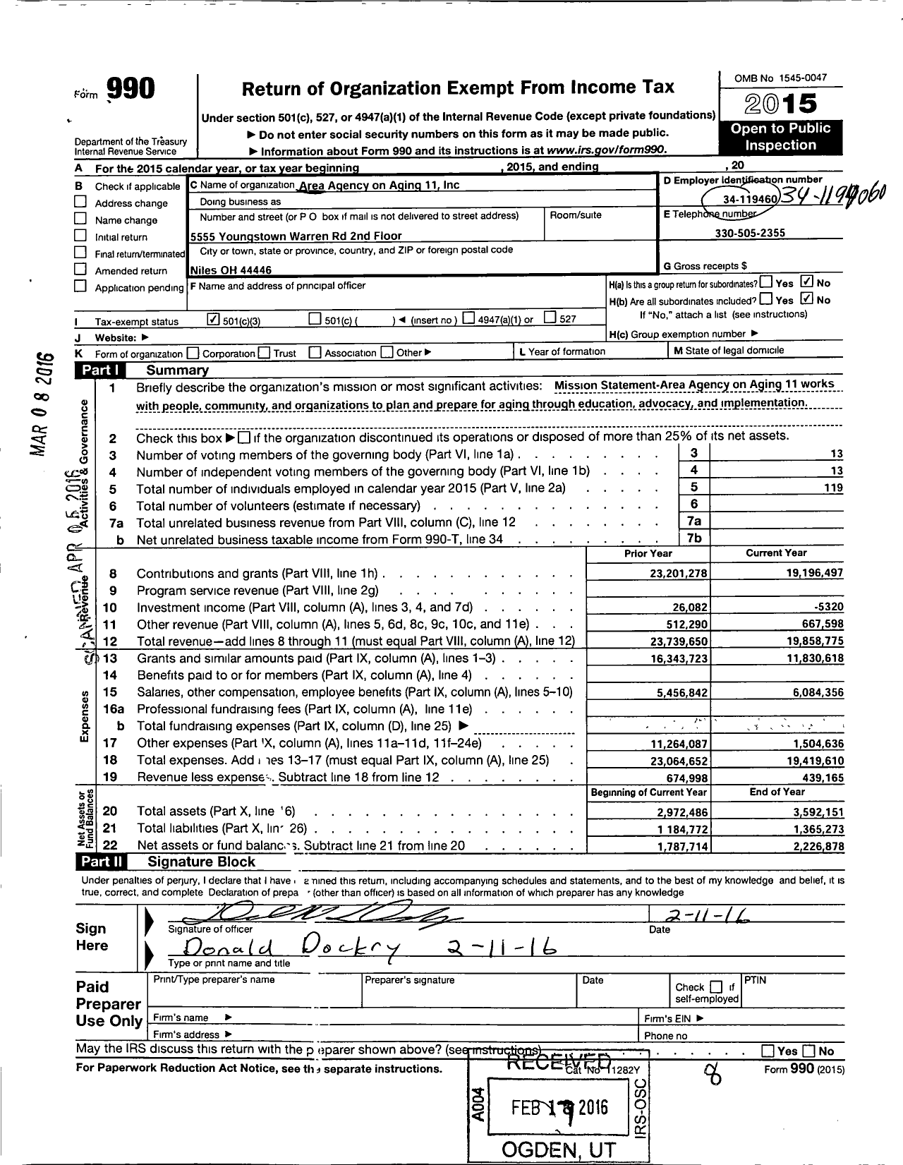 Image of first page of 2015 Form 990 for Area Agency on Aging 11