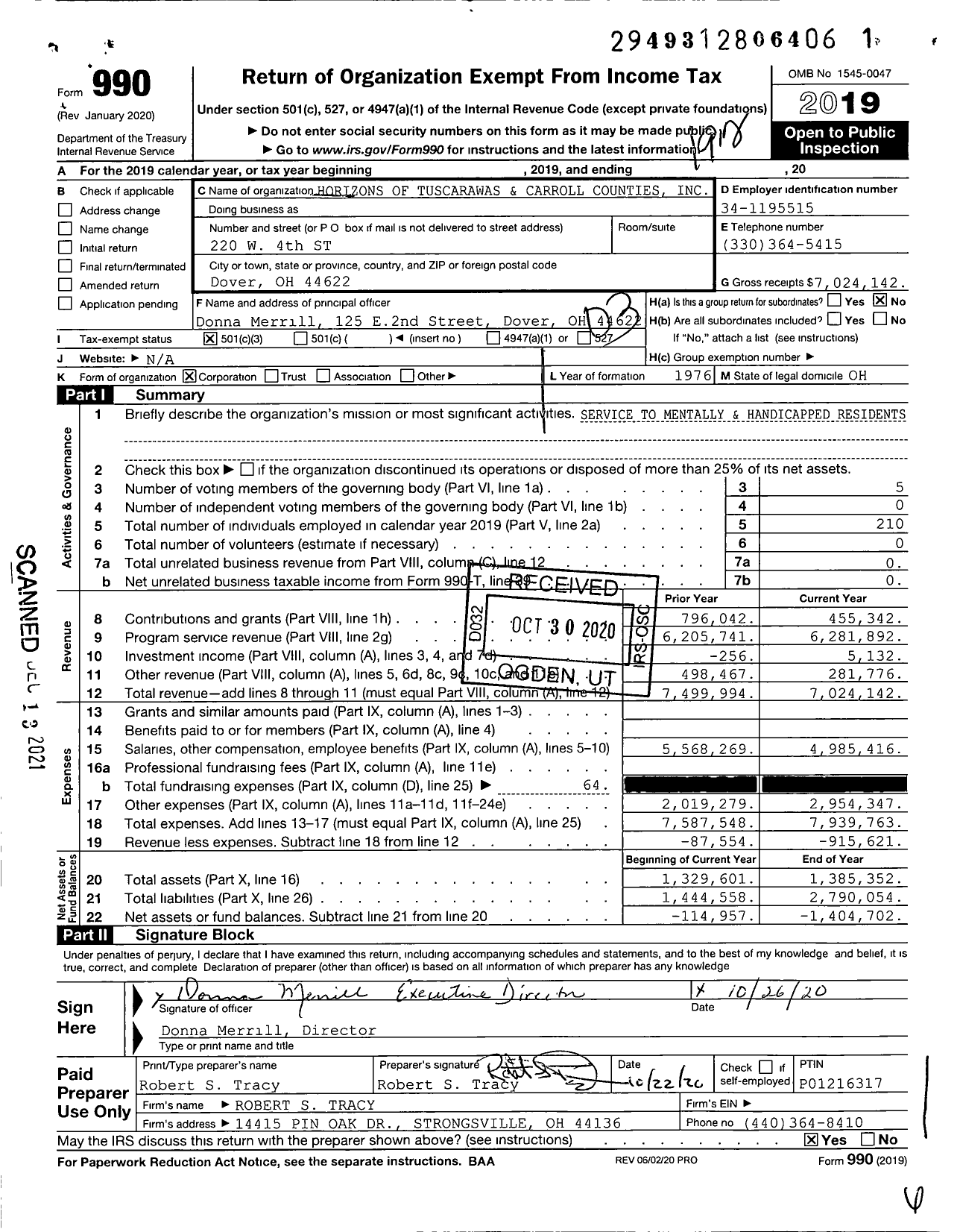 Image of first page of 2019 Form 990 for Horizons of Tuscarawas and Carroll Counties