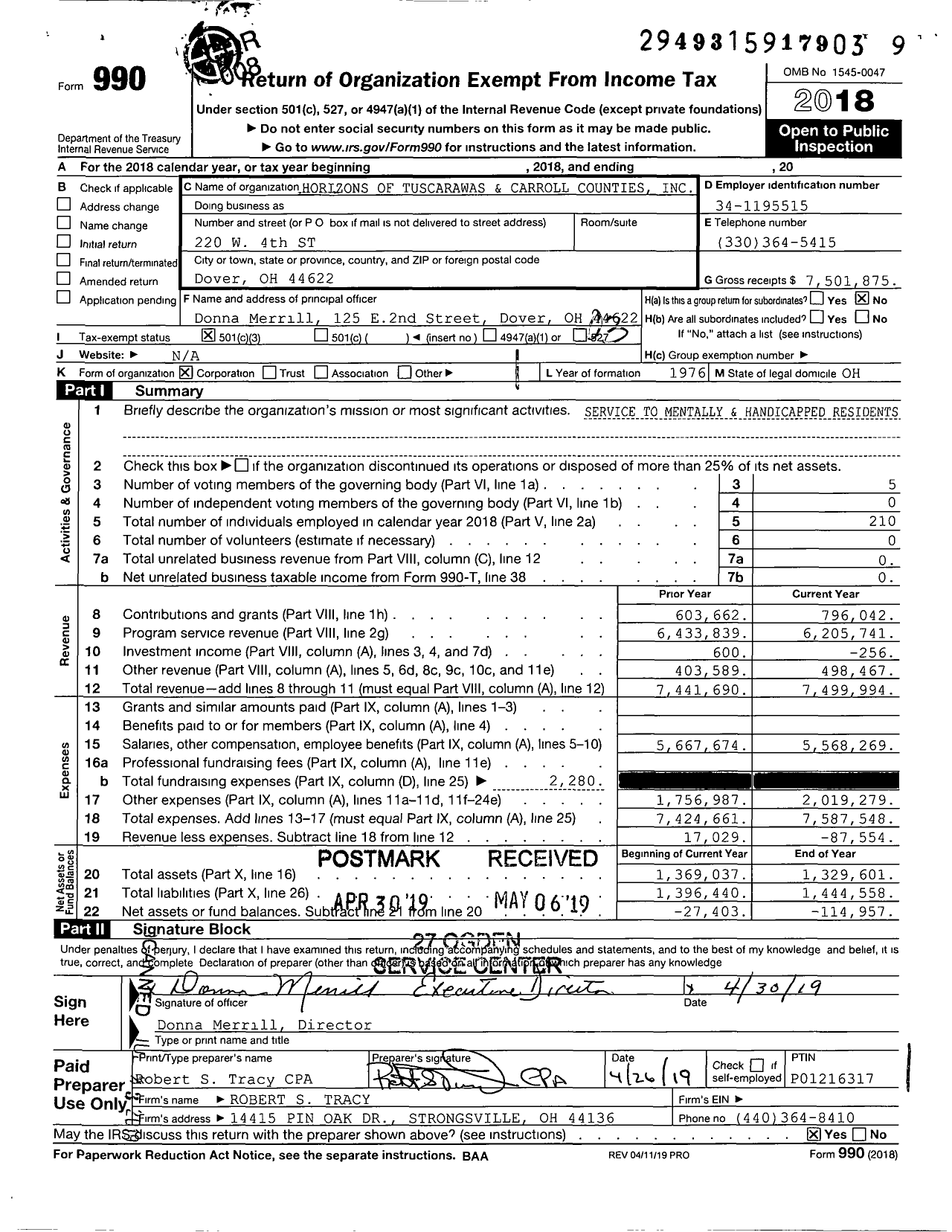 Image of first page of 2018 Form 990 for Horizons of Tuscarawas and Carroll Counties