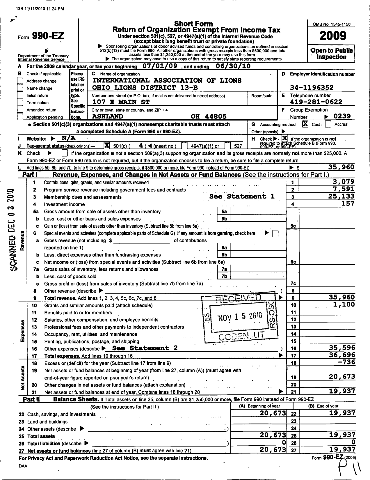 Image of first page of 2009 Form 990EO for Lions Clubs - 65643 13 B District