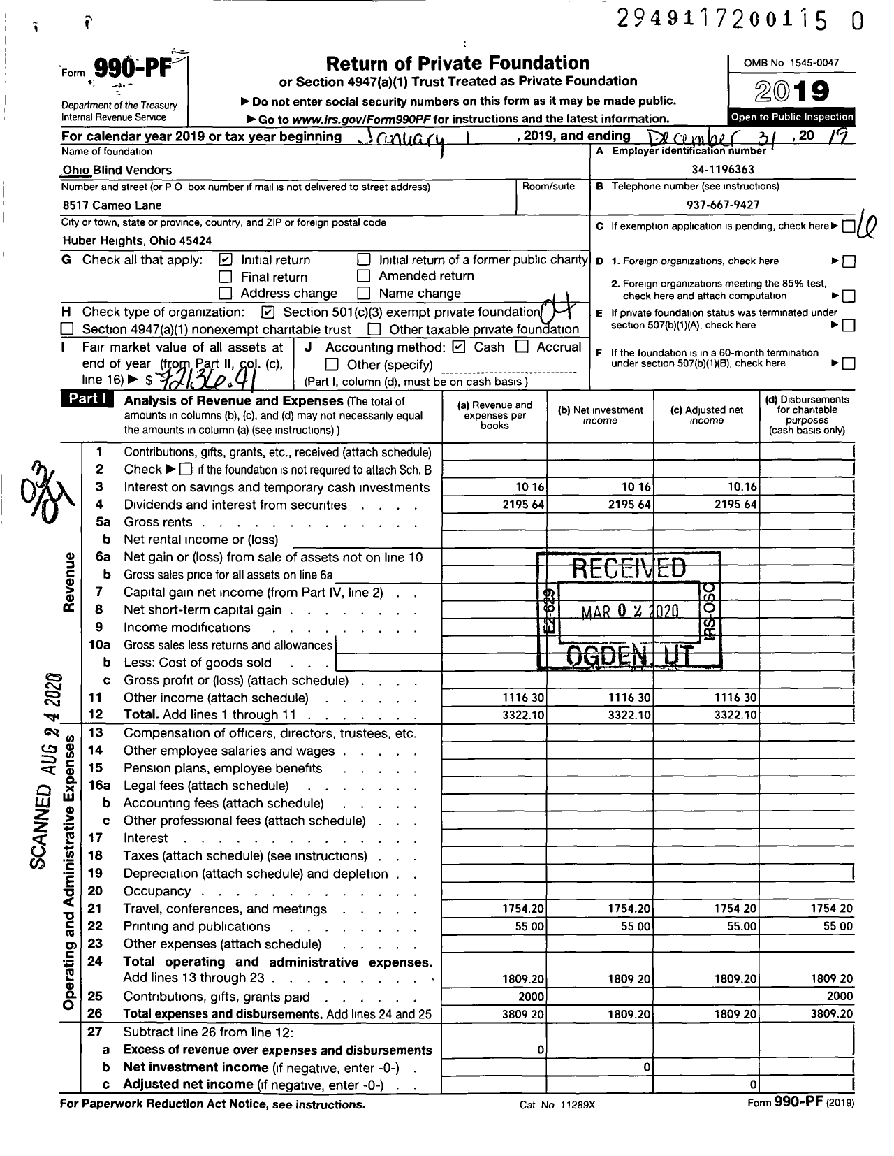Image of first page of 2019 Form 990PR for Ohio Blind Vendors
