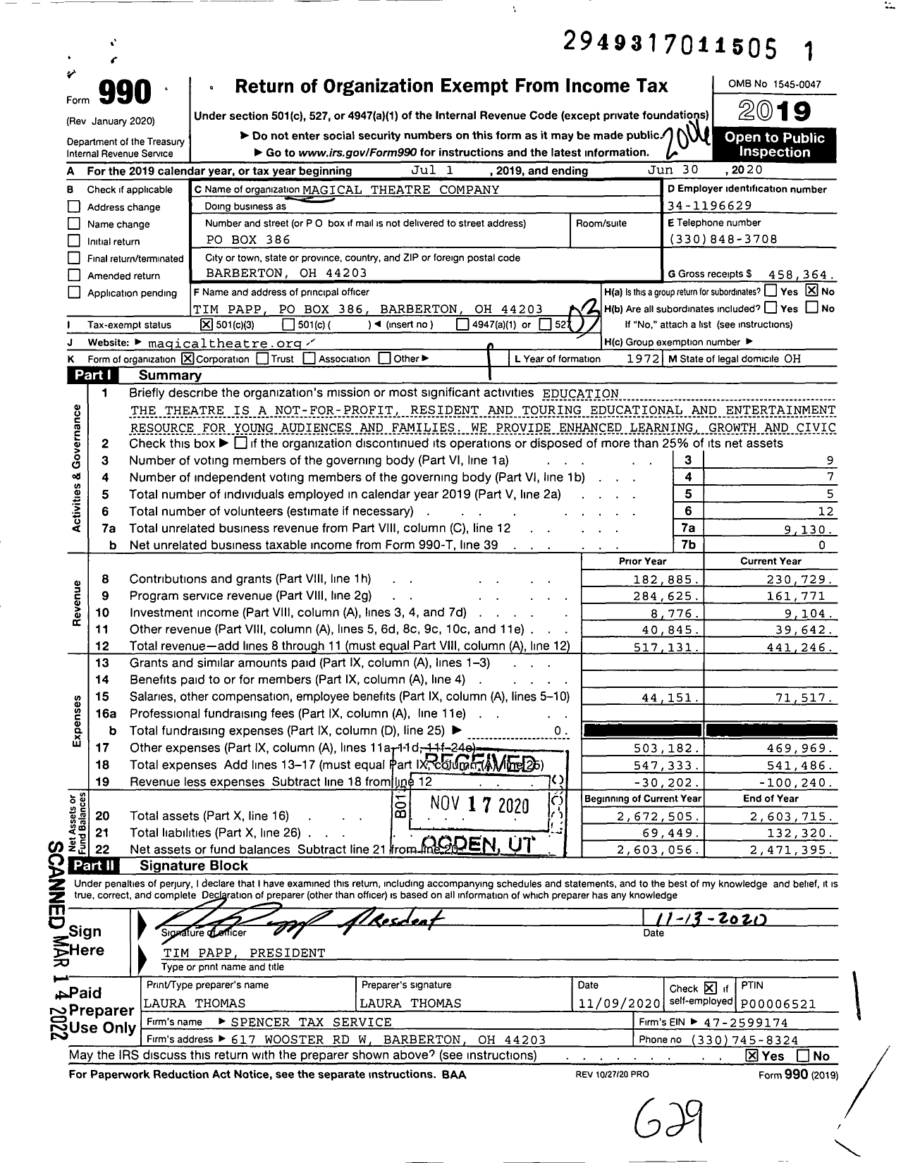 Image of first page of 2019 Form 990 for Magical Theatre Company