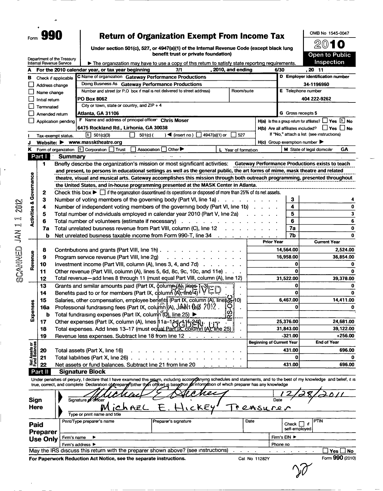 Image of first page of 2010 Form 990 for Gateway Performance Productions